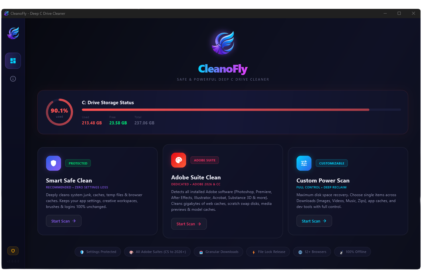 CleanoFly 2.0 Best C Drive Cleaner for Windows 11 and 10 with Dedicated Creative Cache Section